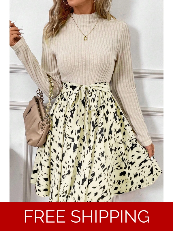 Beige Ribbed Knit Patchwork Printed Belted A-line Dress